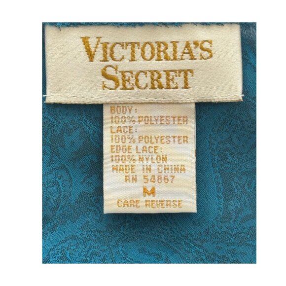 Victoria's Secret Gold Label Teal Paisley Black Lace Slip Chemise Medium Vintage - Picture 5 of 6